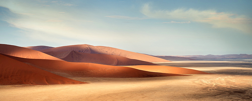 Panoramic view from Dune 45 at landscape around Sossusvlei, light and shadow, Namib Naukluft National Park, Namibia, Namib desert, Africa