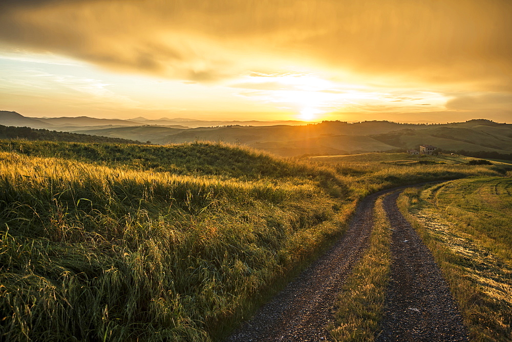 landscape near Pienza at sunset, Val d`Orcia, province of Siena, Tuscany, Italy, UNESCO World Heritage