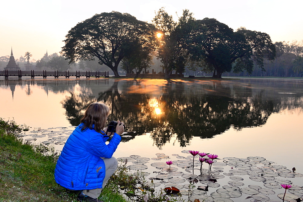 Sunrise and reflection of trees in a lake, Old-Sukhothai, Thailand