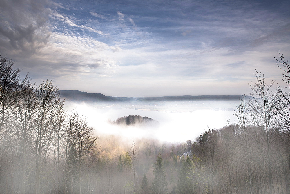 Lake Kochelsee in the morning mist, Kochel, Alps, Bavaria, Germany