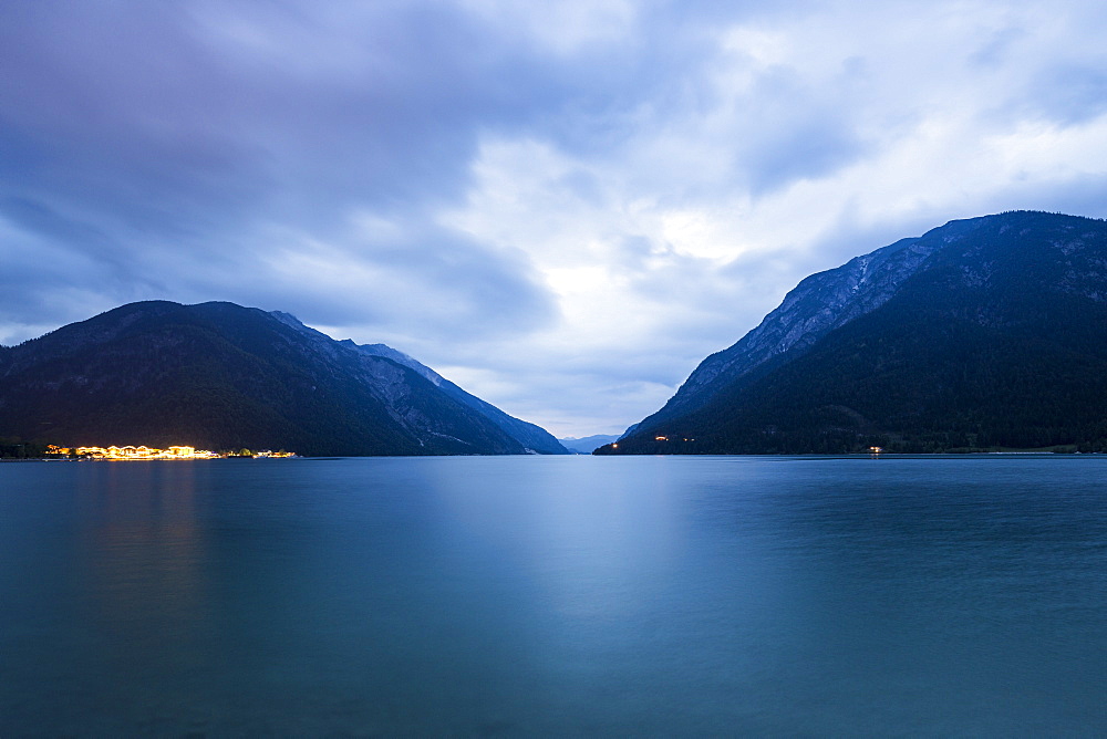 Lake Achensee and Pertisau at dusk, Karwendel, Tirol, Austria