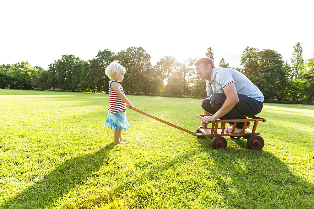 two-year-old girl pulling her father across the meadow, Speyer, Rheinland-Pfalz, Germany