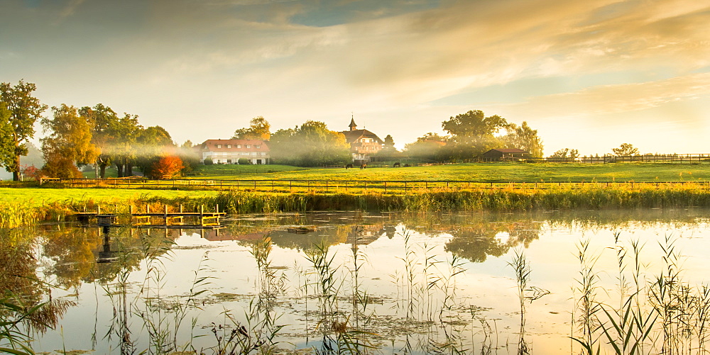 Sunny autumn morning at Gut Adelsried, Bernried, Bavaria, Germany