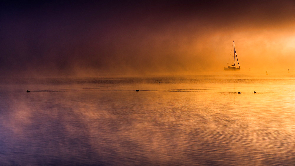 Foggy autumn mood at sunrise on Lake Starnberg, Bavaria, Germany