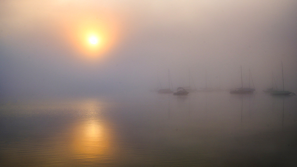 Boats in the harbor in foggy autumn mood, sunrise at Lake Starnberg, Seeshaupt, Bavaria, Germany