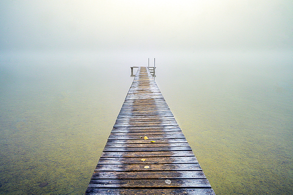 Hoar frost on jetty at misty sunrise, Seeshaupt, Bavaria, Germany