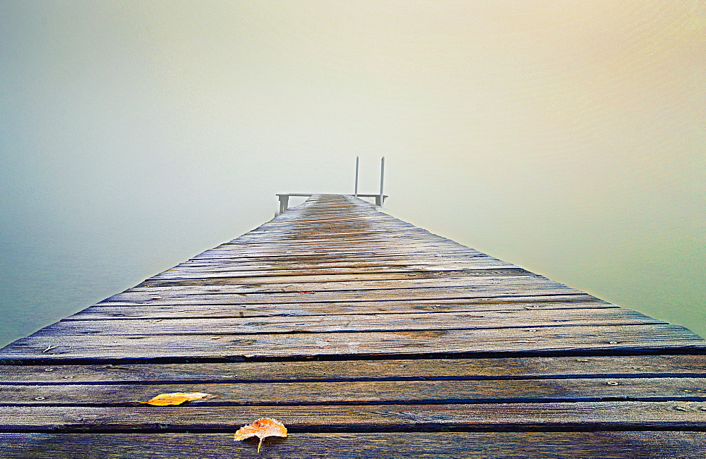 Hoar frost on jetty at misty sunrise, Seeshaupt, Bavaria, Germany