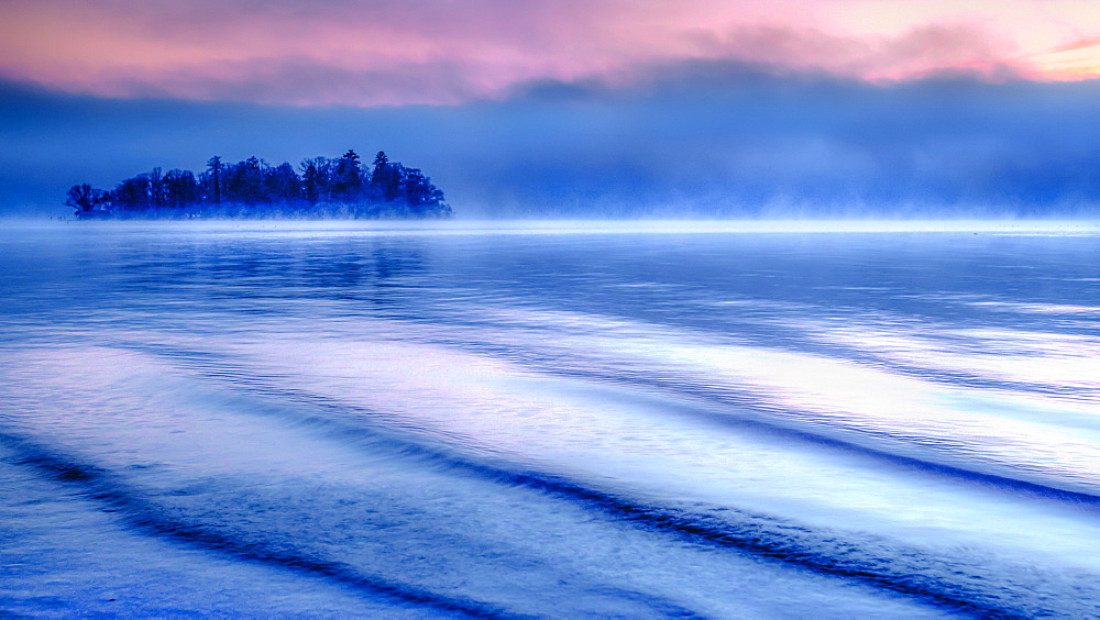 View of the Roseninsel at the blue hour in the morning, Lake Starnberg, Feldafing, Bavaria, Germany