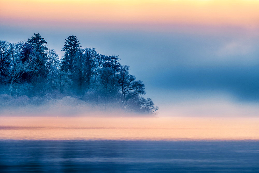 View of the Roseninsel at the blue hour in the morning, Lake Starnberg, Feldafing, Bavaria, Germany