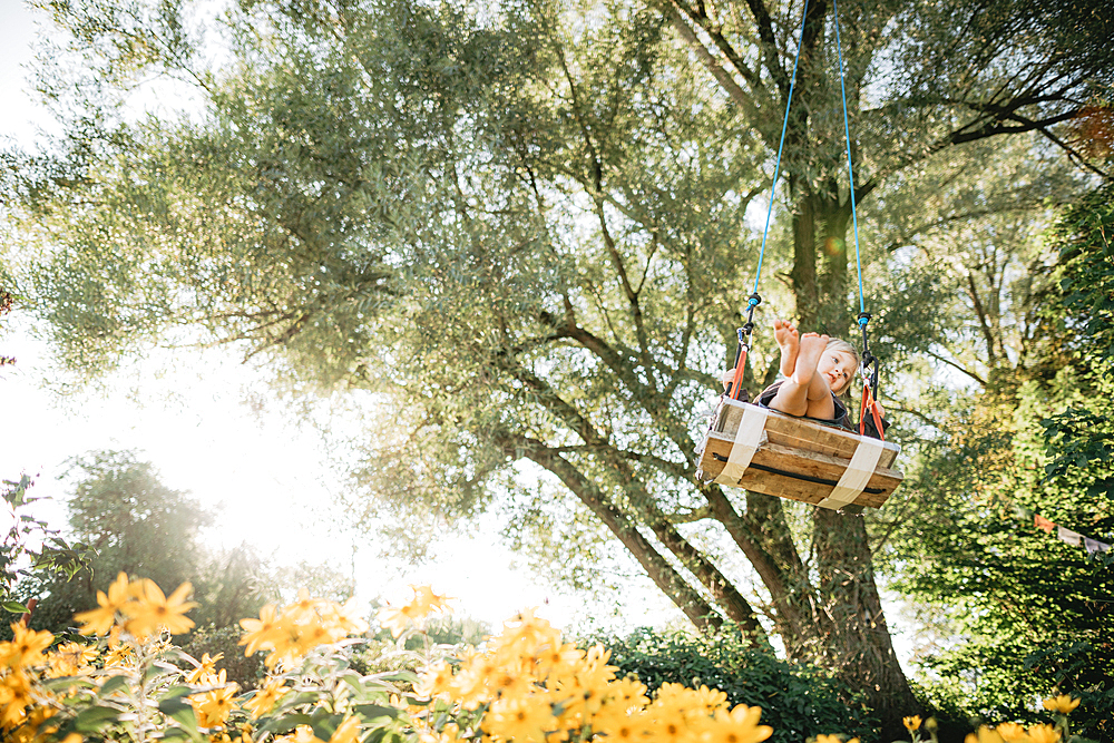 Little boy swings in the garden, yellow flowers, swings, joy, Allgäu, Bavaria