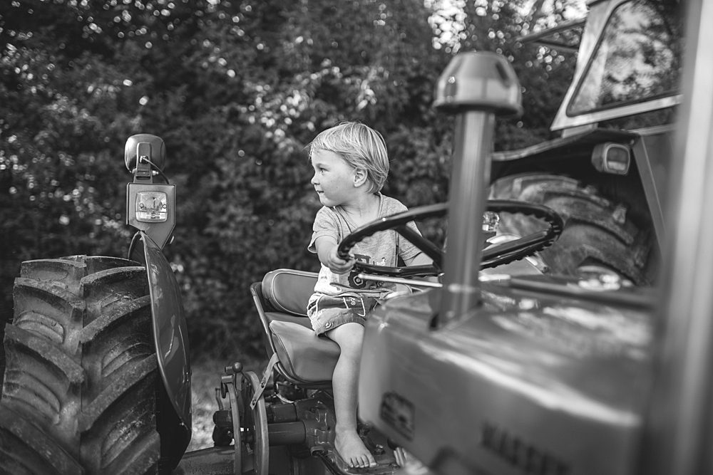 Little boy sits on an old tractor and steers, black and white, Allgäu, Bavaria