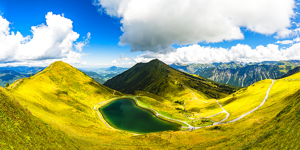 Riezler Alpsee, an artificial lake, feeds snow cannons on the Fellhorn and Kanzelwandbahn slopes, with the Fellhorn behind, 2038m, Allgäu Alps, Bavaria, Germany, Europe