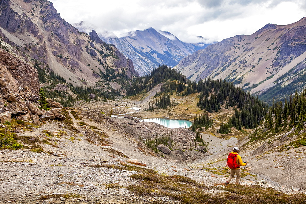 Male hiker in Royal Basin, Olympic Mountains, Olympic National Park, Washington, United States of America