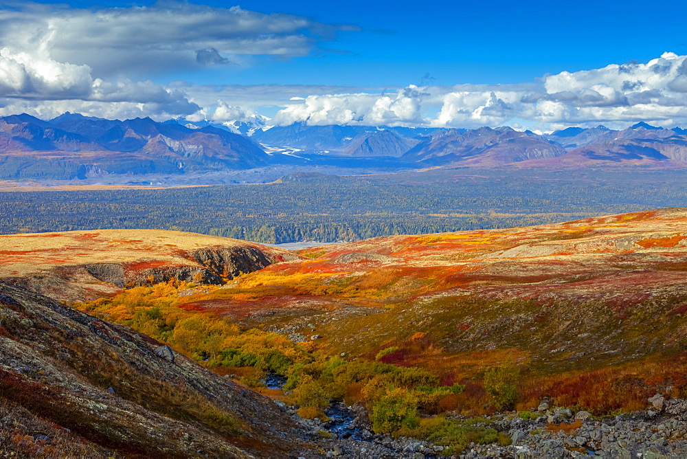 View from the Kesugi Ridge Trail across to the partially clouded Alaska Range, Denali State Park, Alaska, United States of America