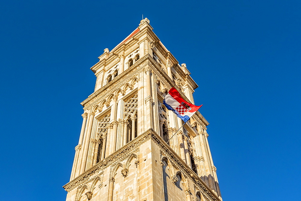 Bell Tower of Trogir Cathedral, or Cathedral of St Lawrence, in the historical city of Trogir, Trogir, Croatia