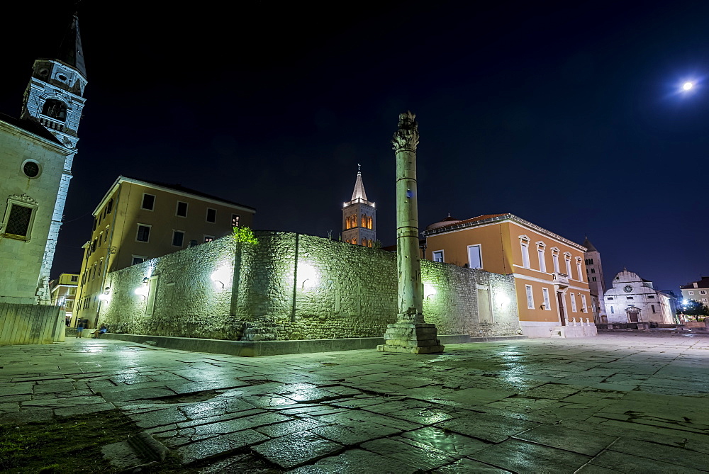 The Pillar of Shame at the Roman Forum at night, Zadar, Croatia