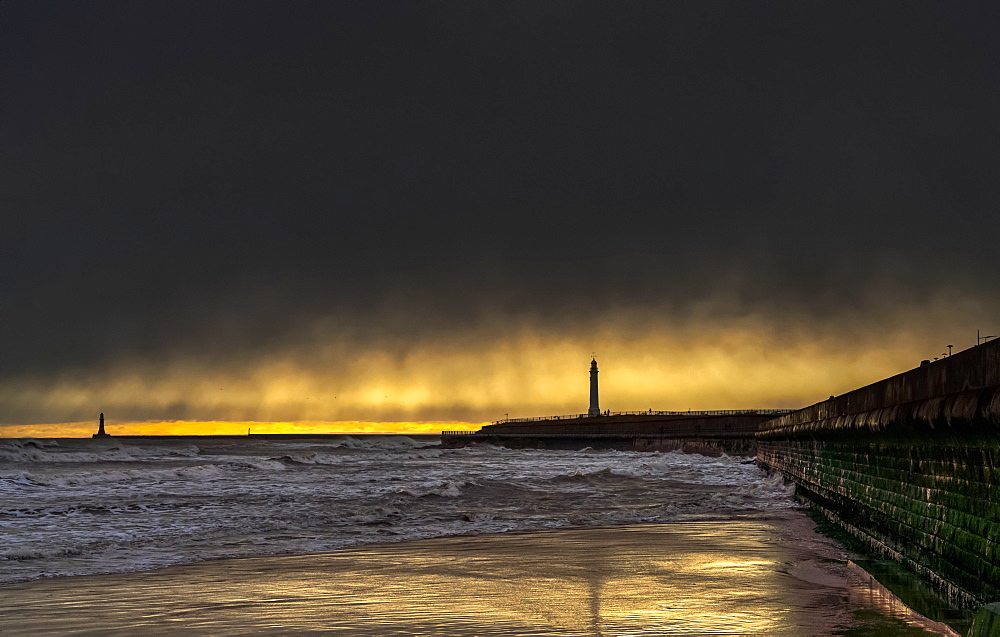 Roker Beach with pier and lighthouse, River Ware, Sunderland, Tyne and Wear, England