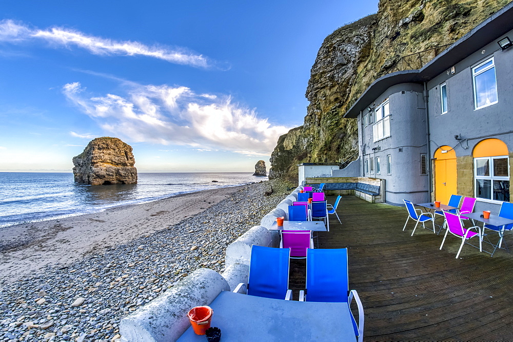 Colourful restaurant patio along the Atlantic coast, South Shields, Tyne and Wear, England