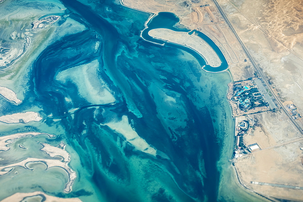 Aerial view of the Persian Gulf coast from the plane, Dubai, United Arab Emirates