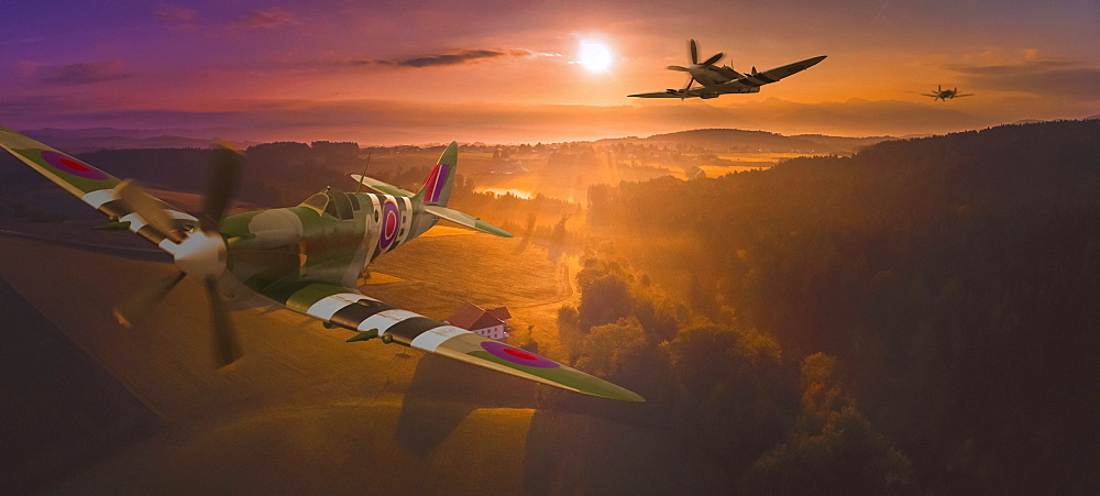 A squadron of Spitfires flying low over British Countryside, composite image