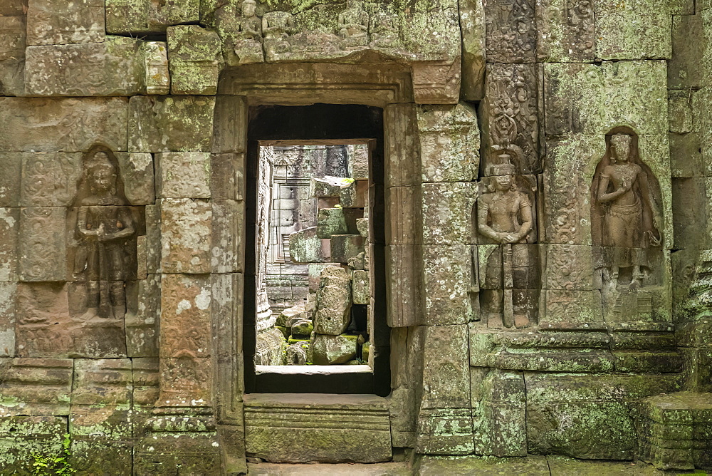 Stone doorway and bas-reliefs at Ta Som, Angkor Wat, Siem Reap, Siem Reap Province, Cambodia