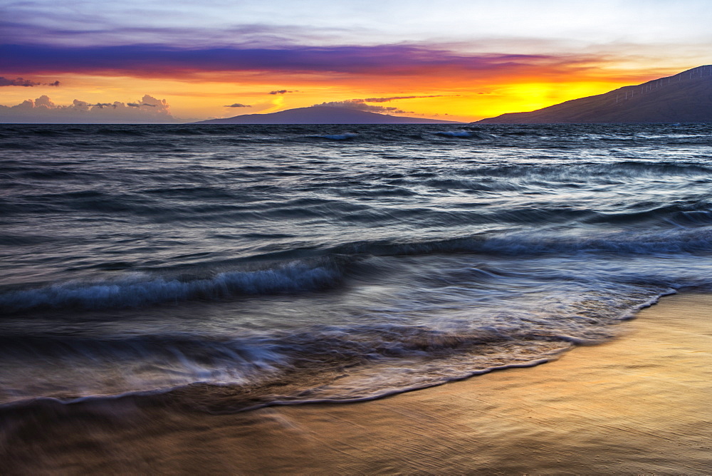 A sunset view with soft water from North Kihei, Maui, Hawaii, United States of America