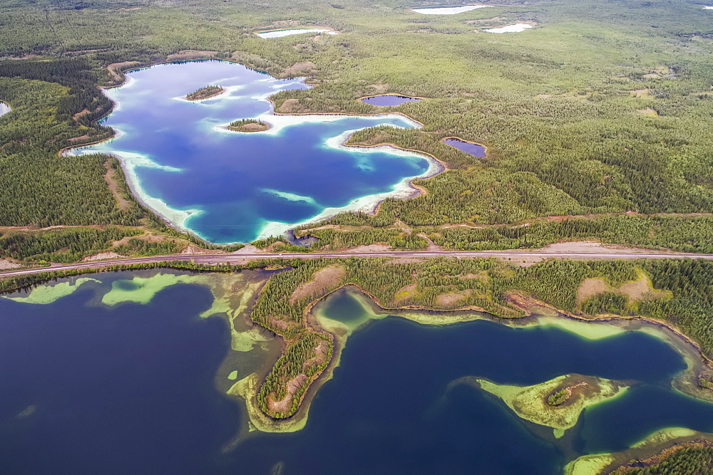 The Twin Lakes area near Carmacks, Yukon seen from an aerial perspective. The Klondike Highway can be seen between the lakes, Carmacks, Yukon, Canada