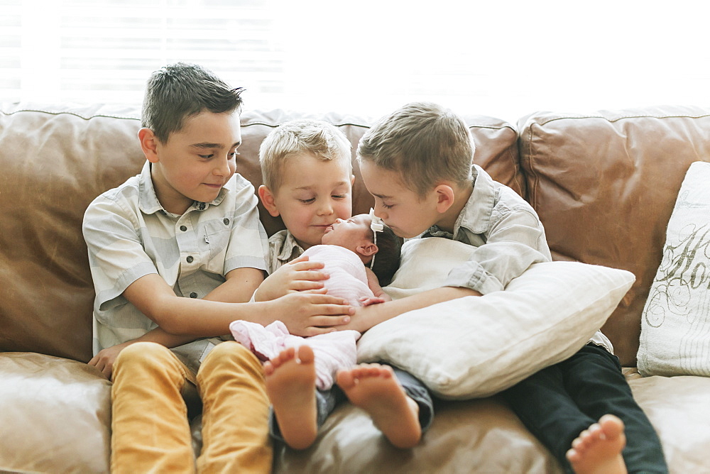 Three young boys with their newborn baby sister, Surrey, British Columbia, Canada