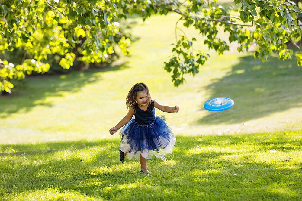 A young girl in a party dress chasing a disc toy that was thrown to her in a park on warm fall afternoon during a family outing, Edmonton, Alberta, Canada