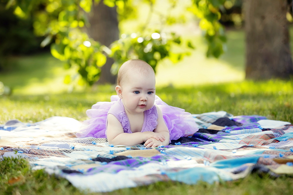 A baby girl in a purple dress laying on a blanket in a park during a warm autumn afternoon, Edmonton, Alberta, Canada