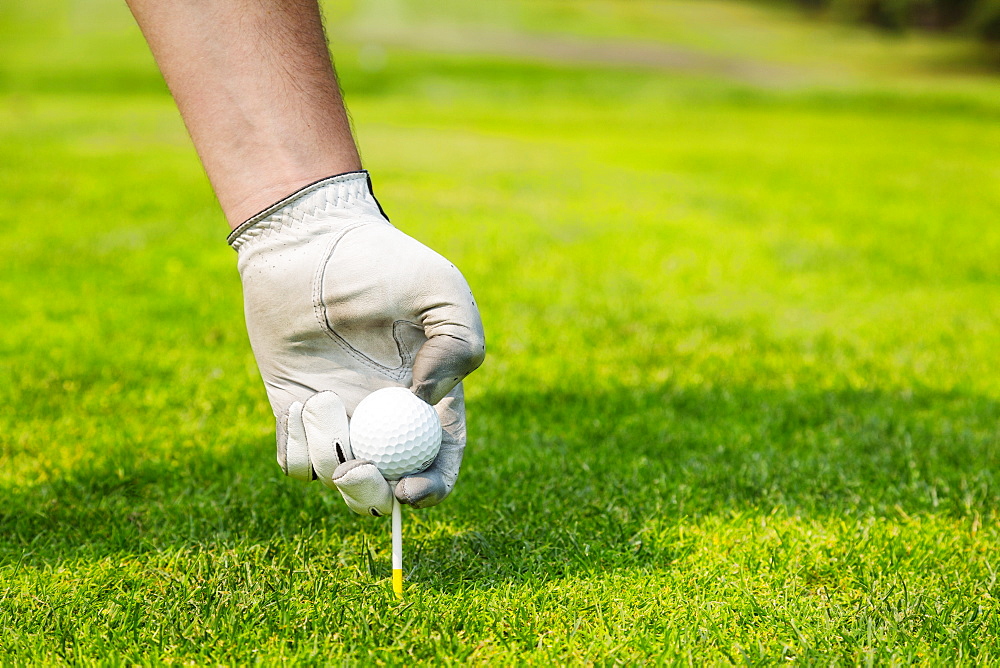 Close up of a golfer's hand wearing a white golf glove and placing a golf ball on a tee, Edmonton, Alberta, Canada