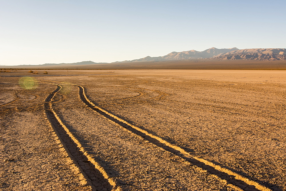 Tire tracks through a dry lake bed lead the eye to wards a mountain range at dawn, Barreal, San Juan, Argentina