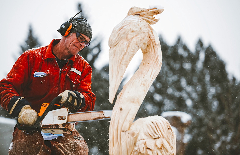 Artist carving a wood sculpture with chainsaw, Edmonton, Alberta, Canada