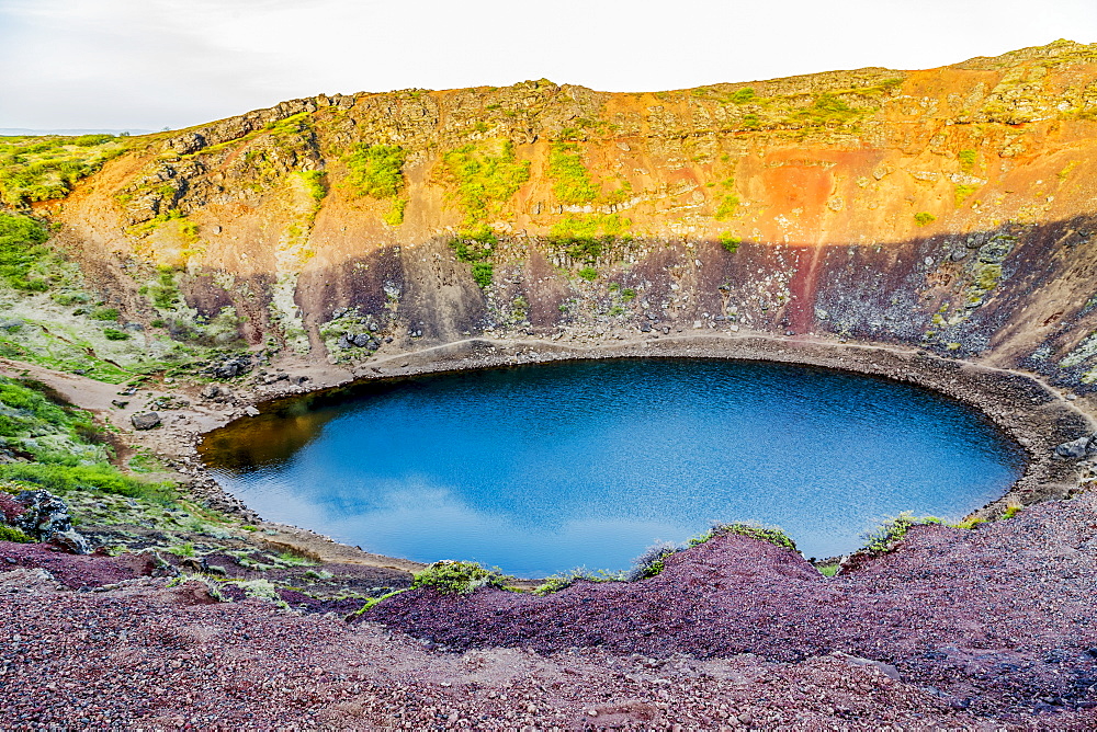 The Kerid Volcano Crater is a popular tourist attraction on the Golden Circle route in Western Iceland, Iceland