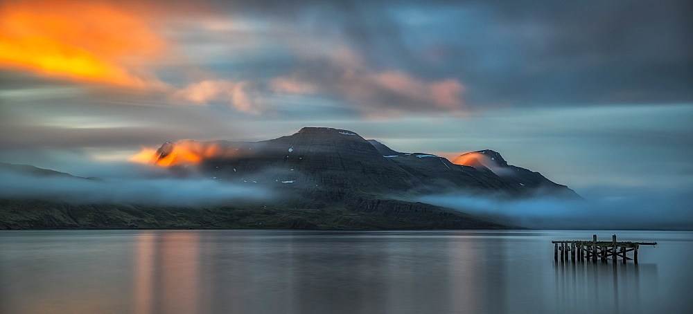 Sunset light over the fjord near the remote town of Djupavik along the Strandir Coast, Djupavik, West Fjords, Iceland