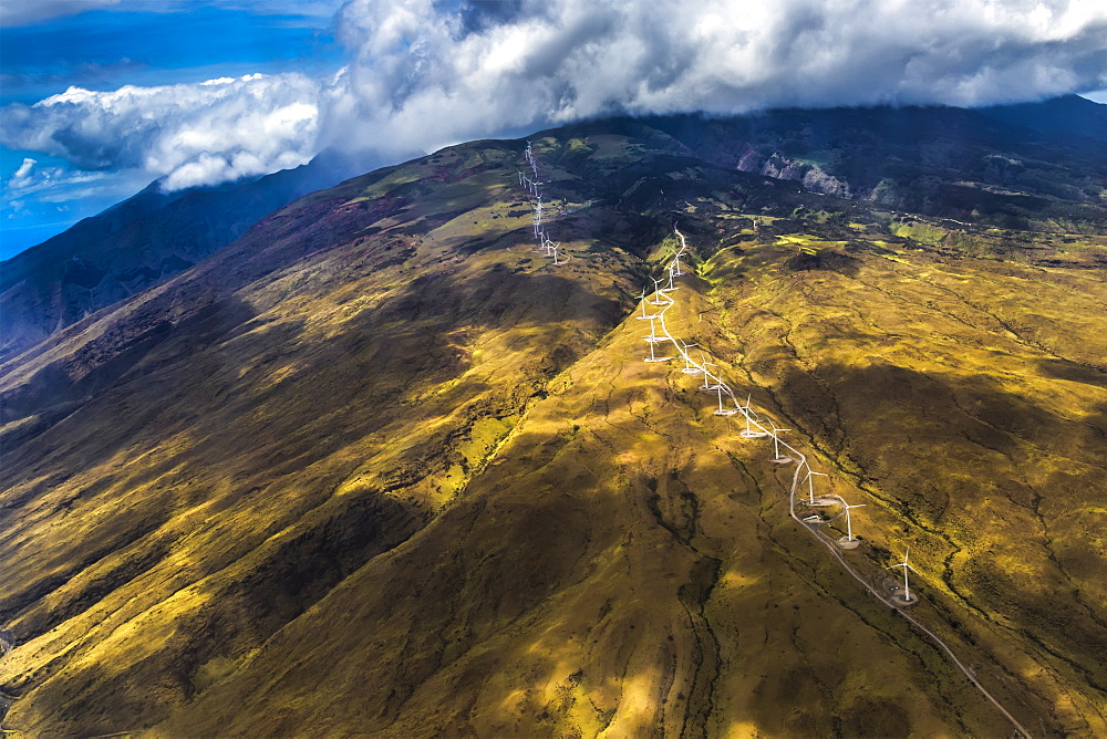 Springtime aerial view showing the Kahea Wind Power wind farm on West Maui, Hawaii, USA that is positioned to capture power from the trade winds that funnel through Maui's central valley, Maui, Hawaii, United States of America