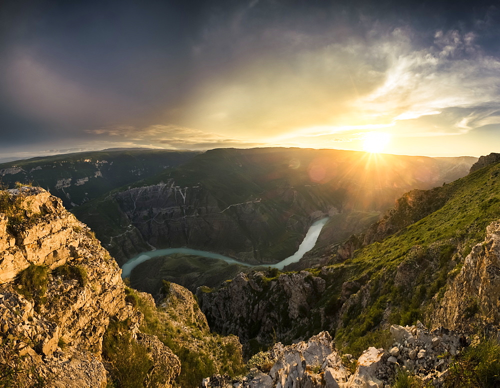 View of the Sulak canyon and the river at the sunset, Dubki, Dagestan Republic, Russia