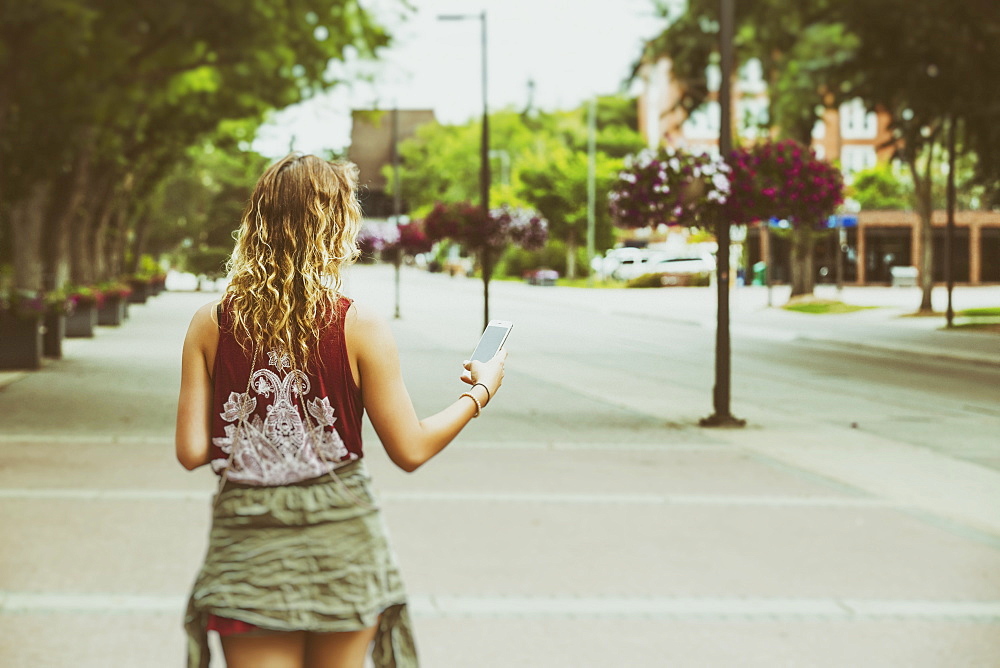 A young woman walks down a path on a university campus reading from her smart phone, Edmonton, Alberta, Canada