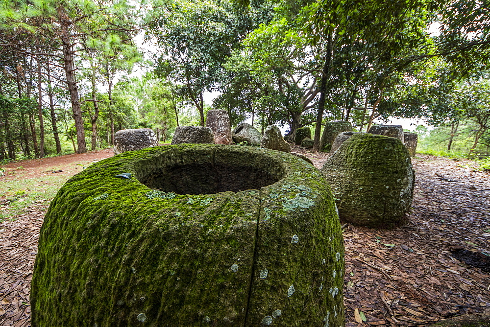 Megalithic stone jars at Site 2, Plain of Jars, Xiangkhouang, Laos