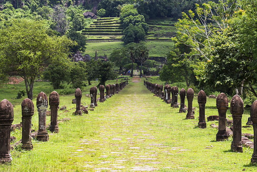 Causeway bordered by sandstone posts, Vat Phou Temple Complex, Champasak, Laos