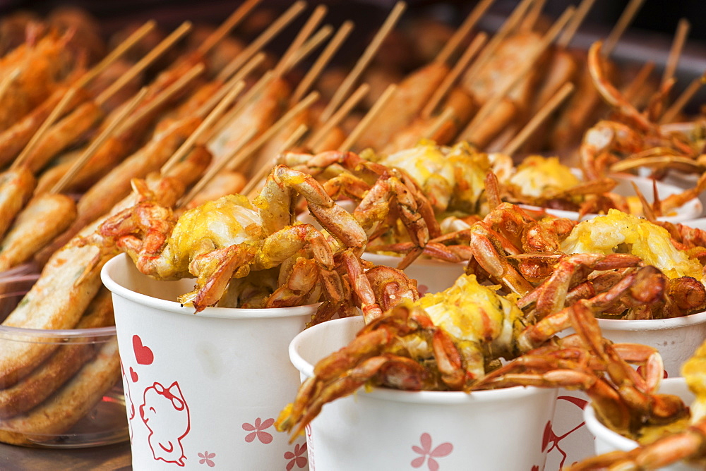 Deep-fried seafood for sale on Kulangsu Island, Xiamen, Fujian, China