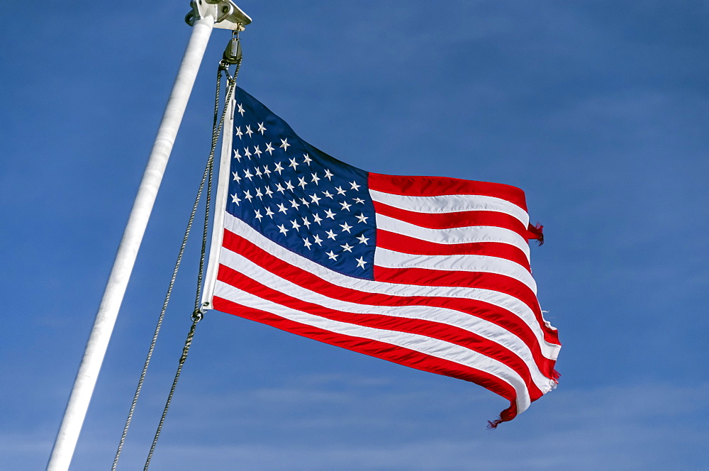 American flag flying at the stern of the Alaska Marine Highway System ferry MV LeConte between Juneau and Gustavus, Alaska, Alaska, United States of America