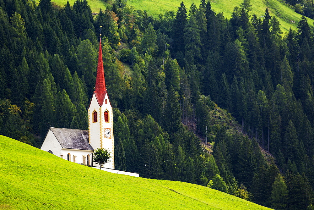 Tall church steeple on grassy alpine slope with treed slope in the background, Parggenhof, Bolzano, Italy