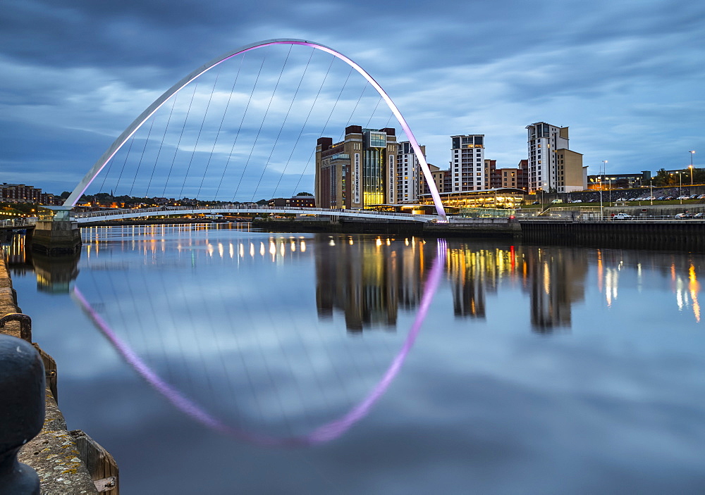 Gateshead Millennium Bridge and reflection in the River Tyne, Gateshead, Tyne and Wear, England