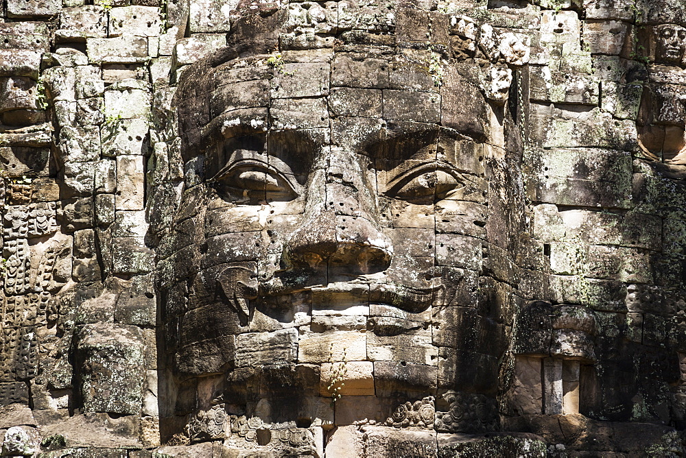 Face detail of the Victory Gate tower (Gopuram), Angkor Thom, Siem Reap, Cambodia