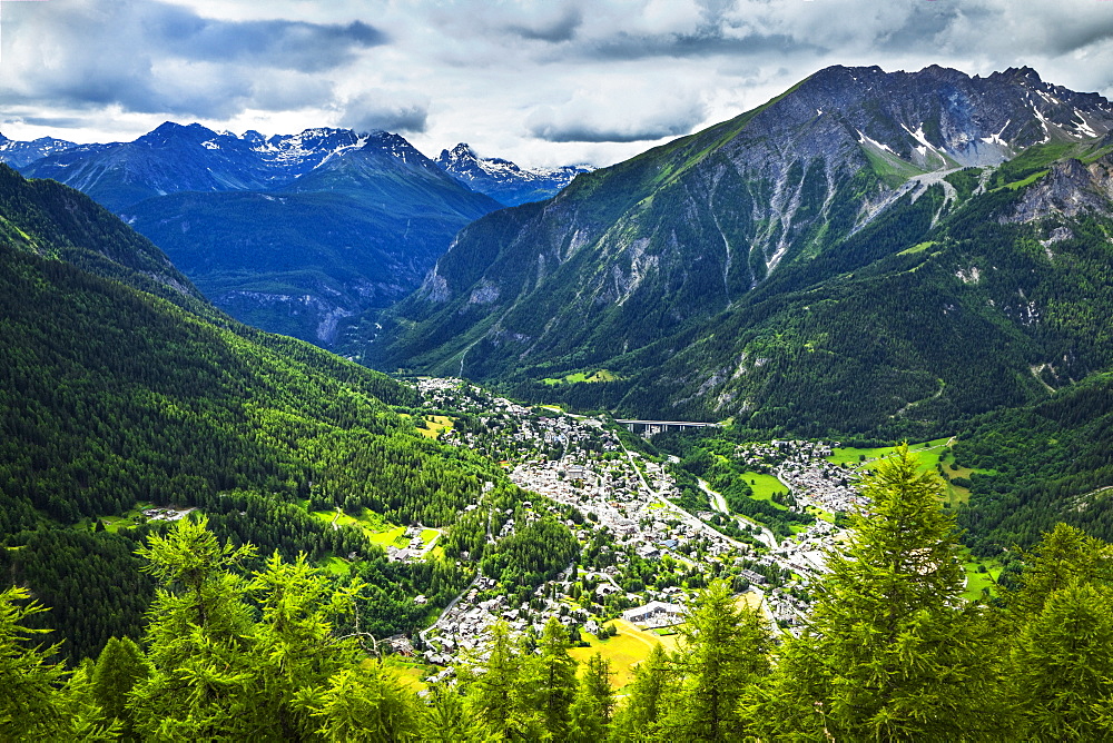 Aerial view of Courmayeur city surrounded by mountains, Courmayeur, Aosta Valley, Italy