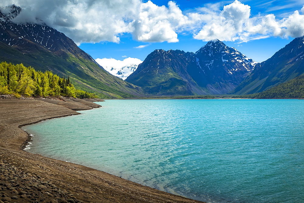 Scenic view of Eklutna Lake, Chugach State Park in summertime, South-central Alaska, Alaska, United States of America