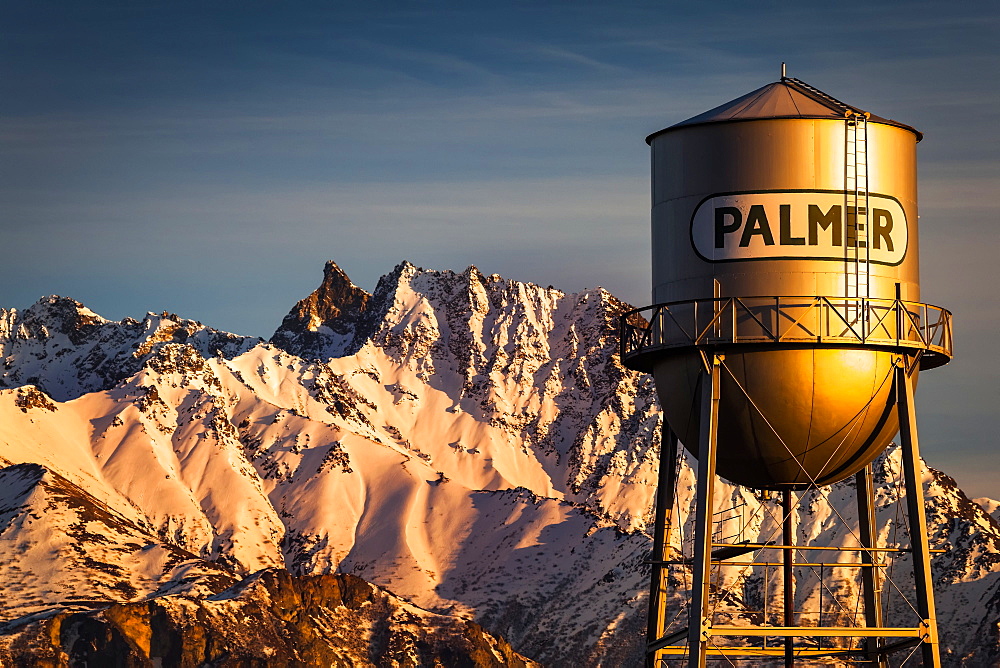 Palmer water tower and Matanuska Peak at sunset in winter, Matanuska Valley, South-central, Palmer, Alaska, United States of America