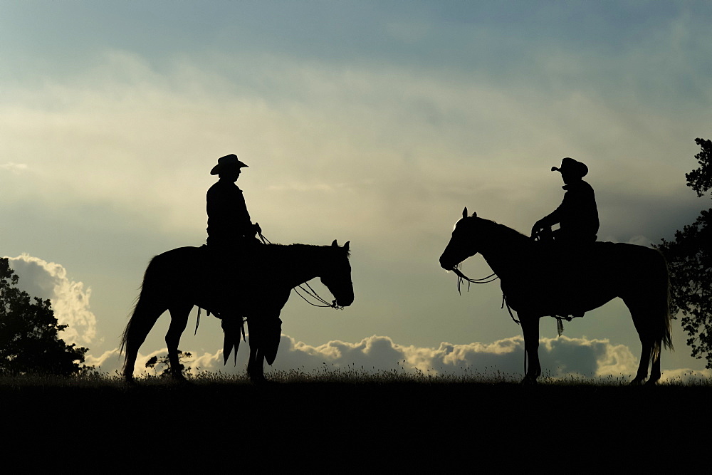 Silhouette of two cowboys on horses against a cloudy sky, Montana, United States of America