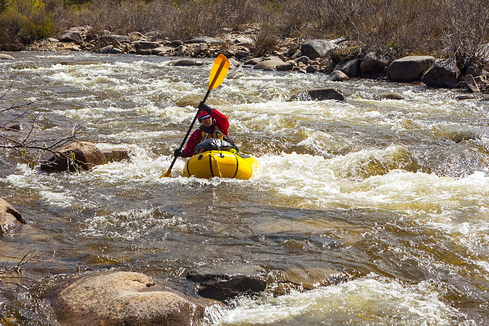 Female packrafter negotiating a technical rapid on the tributary of the Charley River with aufeis in summer, Alaska, United States of America